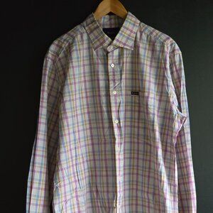 Facconable men's LS club deauville button up dress shirt plaid white xl cotton